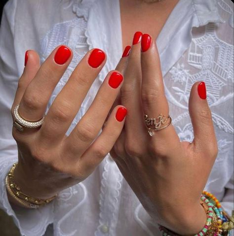 Red Nails Summer Short, Simple Gel Nails Short Summer, Bright Summer Red Nails, Miniluxe Nails, Red Nail Summer, Short Nail Manicure Gel, Bright Red Pedicure, Elegant Nails Red, Orangey Red Nails