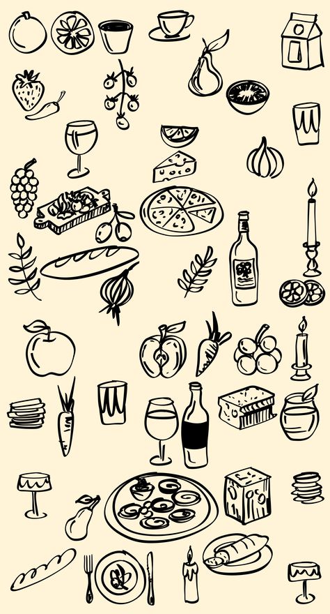 Italian Food Illustration Graphic Design, Italian Sketches Drawings, Doodles Line Art, Food And Drink Illustration, Graphic Design Doodles, Italian Food Drawing, Charcuterie Board Drawing, Simple Food Drawings, Italian Doodles