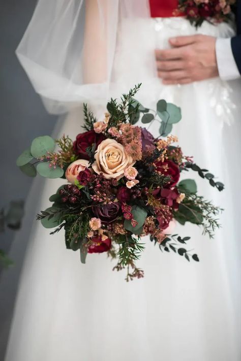 Rosewood Wedding Bouquet, Burgundy Eucalyptus Bouquet, Wedding Flowers Autumn Burgundy, Small Dark Wedding Bouquet, Burgundy And Gold Boutonniere, Dark Burgundy Flowers, Burgundy Peony Bridal Bouquet, Cranberry Wedding Bouquet, Wine And Blush Wedding Flowers