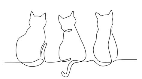 Three Cat Tattoo Design, Cat Line Drawing Tattoo, Cat One Line Drawing, Three Cat Tattoo, Three Cats Drawing, Line Art Cat Tattoo, Three Cats Tattoo, One Line Cat Tattoo, Swirl Design Pattern