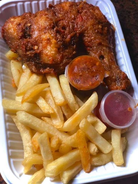 Ketchup Chicken Recipe, Fries And Chicken, Chicken And Fries, Small Chops, Carribean Food, Ketchup Sauce, Chicken And Chips, Homemade Comfort Food, Food Captions