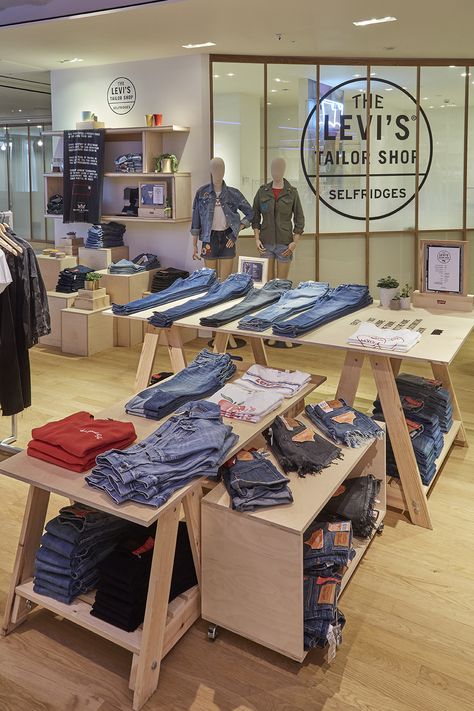 Levi's Tailor Shop pop up in Selfridges Oxford Street. Built and installed by Lucky Fox. London 2016 #levis #luckyfox #selfridges #popup #tailorshop Jeans Retail Display, Denim Merchandising, Merchandising Jeans, Denim Visual Merchandising Ideas, Jackets With Patches, Levis Store, Levis Shop, Peter James, Merchandise Ideas