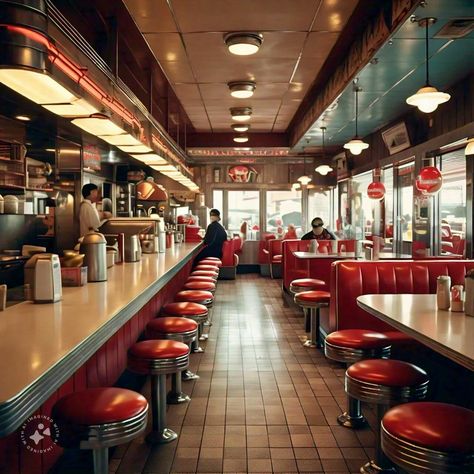 Restaurant Classic Diner Interior, 90s Fast Food Restaurant, Modern American Diner, Vintage Diner Interior, Dim Restaurant Aesthetic, Retro Burger Restaurant, Small Diner Aesthetic, Modern Diner Aesthetic, Fast Food Restaurant Photography