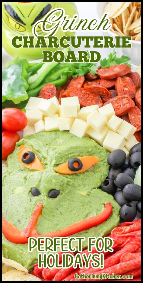 Create a whimsical Grinch Charcuterie Board for your Christmas party with this easy recipe that combines festive colors and delightful tastes. Spread guacamole for the Grinch's face and add yellow bell pepper and black olives for his eyes. Craft his hat with Monterey Jack cheese and dried chorizo, finishing with a cucumber pom pom. Surround with a variety of snacks like tortilla chips and olives to impress at your holiday gathering. Grinch Guacamole And Chips, Grinch Guacamole, Grinch Food Ideas, Grinch Charcuterie, Grinch Charcuterie Board, Grinch Recipes, Grinch Food, Grinchmas Party, Eyes Craft