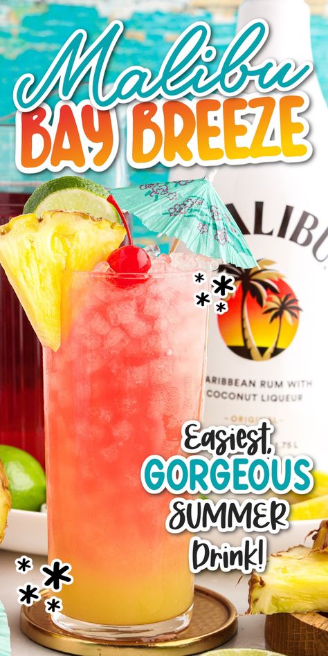 Our Malibu bay breeze cocktail only requires 4 ingredients and is easy to whip up with a fantastic layered look. No fancy skills needed. Orange Alcoholic Drinks, Cranberry And Pineapple, Bay Breeze Cocktail, Malibu Bay Breeze, Malibu Rum Drinks, Malibu Cocktails, Hawaiian Drinks, Malibu Drinks, Layered Drinks