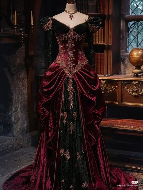 Ball Gowns Old Fashioned, Vampire Fantasy Outfit, Pretty Medieval Dresses, Luxury Gothic Medieval Dress With Fitted Bodice, Dragon Dress To Impress, Medieval Gowns Royals, Modest Gothic Outfits, Red Dress Aesthetic Medieval, Red Gown Medieval