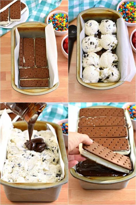 Easy Ice Cream Cake recipe made by stacking ice cream sandwiches, chocolate chip ice cream, hot fudge, and cool whip! Perfect birthday or party treat! Ice Cream Sandwich Ice Cream Cake, M&m Ice Cream Cake, Dessert With Ice Cream Sandwiches, Cakewich Recipes, Ice Cream Pies Recipes Easy, Ice Cream Sandwich Cake Recipe Easy, Ice Cream Cake With Ice Cream Sandwiches, Ice Cream Cake Homemade, Ice Cream Desserts Easy