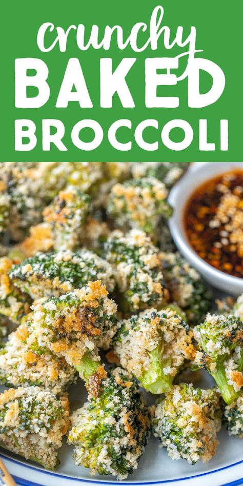 This Crunchy Baked Broccoli with Spicy Soy Sauce is deliciously addicting and great for an easy appetizer or a dinner side dish! The panko adds a light, crispy crunch and the batter adds flavor and amazing texture to the broccoli. Kid friendly and perfect with saucy noodles! #crunchybroccoli #pankobroccoli #appetizer #kidfriendly #veganrecipe Crispy Broccoli Recipes, Crunchy Side Dishes, Saucy Vegetable Recipes, Breaded Broccoli, Crispy Garlic Broccoli, Best Baked Broccoli Recipe, Broccoli Snack Recipes, Crispy Broccoli, Best Broccoli Side Dish