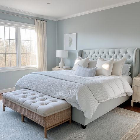 blue bedroom Light Blue Guest Bedroom Ideas, Light Blue Wall Bedroom, Gray Bedroom Paint, Cozy Bedroom Paint Colors, Soft Blue Paint Colors, Neutral Bedroom Paint, Bedroom Paint Color, Palladian Blue Benjamin Moore, Grey Bedroom Paint