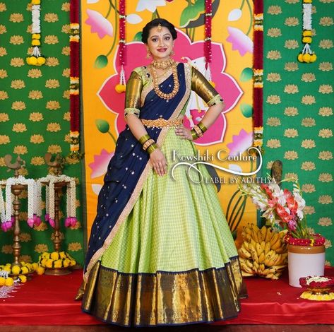 Blue And Green Half Saree, Pista Green Pattu Saree, Pista Green Lehenga Combination, Pista Color Combination, Half Saree Lehenga Color Combinations, Pattu Langa Blouse Designs, Lehenga Voni, Traditional Half Saree Designs, Indian Fancy Dress