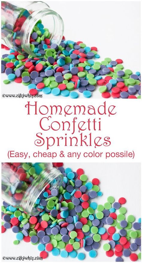 How to make HOMEMADE CONFETTI SPRINKLES. Cheap and super easy to make in any color you like! From cakewhiz.com Homemade Sprinkles Recipe, Homemade Confetti, Diy Sprinkles, Sprinkles Recipe, Confetti Sprinkles, Homemade Meals, Cupcake Frosting, Cake Icing, Dessert Decoration