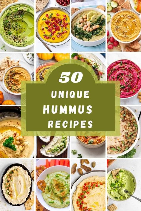 50 delicious and unique hummus recipes—fun ingredients such as beetroot, carrot, avocado, and various veggies, beans, and spices. Unique Hummus Recipe, Vegetarian Dips, Party Finger Food Ideas, Beetroot Hummus Recipe, Food Ideas On A Budget, Hummus Pizza, Hummus Flavors, Tomato Bruschetta Recipe, Party Finger Food