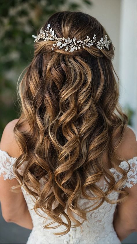 Simple Sophistication: 15 Half Up Half Down Wedding Hairstyles for Every Style - Inspire Inlet Half Up Half Down Hair Wedding Brunette, Bridal Hair Half Up With Veil Medium Lengths Wedding Updo, Wedding Hairstyles With Curtain Bangs, Braided Hairstyles For Wedding Indian, Half Up Half Down Long Hair, Bridal Hairstyles Medium Length, Maid Hairstyles, Simple Bridal Hairstyles, Indian Bride Hair