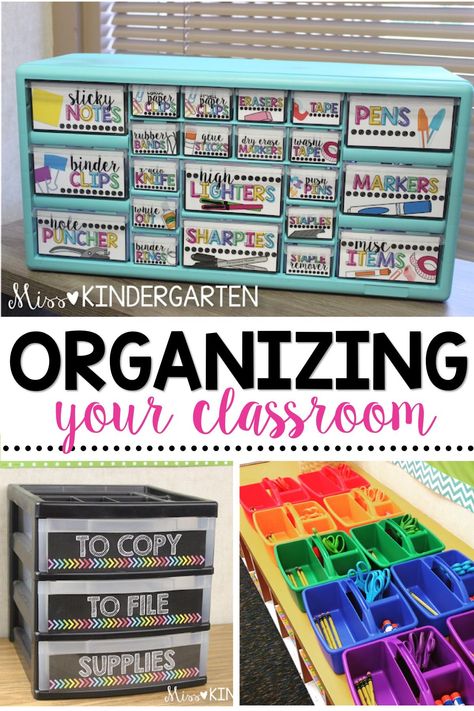 Learn how to be a more organized teacher! These classroom organization ideas will help you keep your desks, centers, and supplies organized! Teacher Desk Supplies Organization, Art Teacher Desk Organization, Classroom Workbook Storage, Classroom Organization Elementary Desk Arrangements, Teacher Supply Organization, Teacher Storage Organization, Classroom Supply Organization, Classroom Storage Ideas, Classroom Organization Ideas