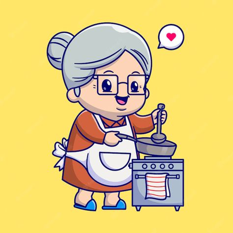 Grandma Cooking Cartoon, Cute Grandma Illustration, Grandma Cooking Illustration, Chibi Grandma, Grandma Illustration Character, Cute Grandma Drawing, Cute Grandma Cartoon, Grandma Drawing, Grandma Illustration