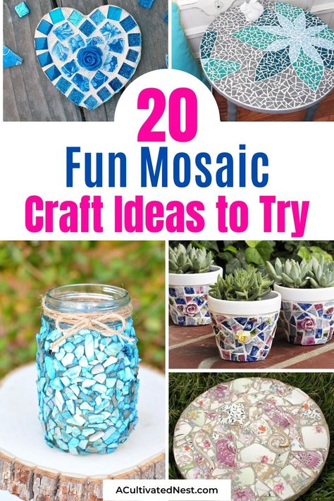 20 Fun Mosaic Craft Ideas- Mosaics DIYs are a fun way to make some really unique décor for you home. Get inspired with these fun mosaic craft ideas! | #mosaics #crafts #diyProjects #DIY #ACultivatedNest Diy Mosaic Projects, Mosaic Tiles Diy, Easy Mosaic, Design Garden Ideas, Mosaic Tiles Crafts, Mosaic Birdbath, Mosaic Art Diy, Mosaic Tile Patterns, Mosaic Rocks