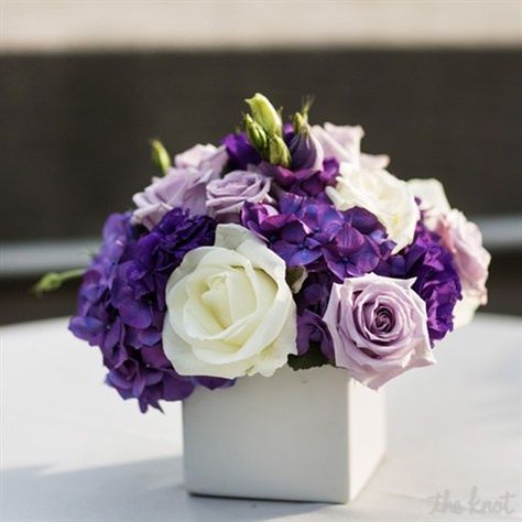 Purple and White Centerpieces - like the colors and the flowers, but would need to be bigger and less compact, and with mercury holder Purple And White Flower Arrangements, Purple Flower Centerpieces, Purple Flower Arrangements, Purple Wedding Centerpieces, Purple Centerpieces, White Flower Arrangements, Purple And White Flowers, Purple Wedding Bouquets, Purple Wedding Theme