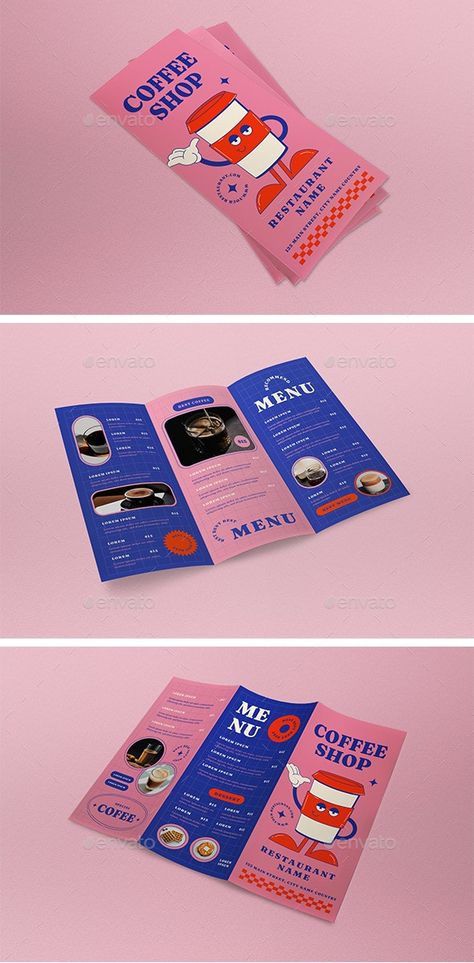 Blue Retro Cartoon Trifold Menu - Brochures Print Templates Brochure Infographic Design, Retro Menu Design Layout, Colorful Brochure Design, Information Pamphlet Design, Print Brochure Design, Company Pamphlet Design, Illustration Brochure Design, Product Menu Design, Retro Brochure Design