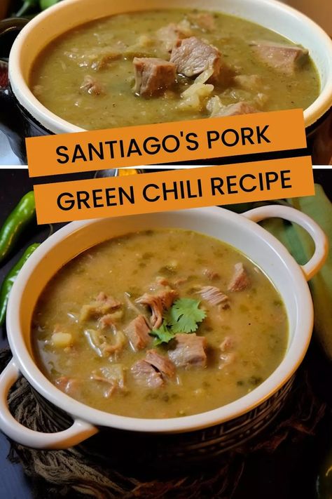 Spicy, savory, and delicious! Learn our tried-and-true pork green chili recipe. It's sure to become a favorite in your household! Pork Green Chile Colorado, Santiago’s Green Chili Recipe, Pork Green Chilli Recipes, Santiagos Green Chili Recipes, Mexican Green Chili Pork, Slow Cooker Pork Chili, Pork Green Chile Stew, Santiago Green Chili Recipe, 505 Green Chili Sauce Recipes