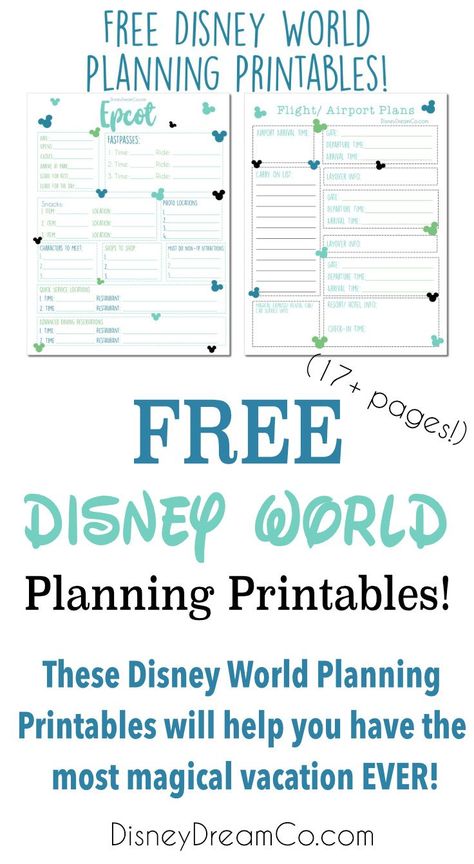 Check out this FREE Disney World planning guide printables! With these free printables, your trip to Walt DIsney World will be a breeze! These 17+ pages will keep your trip to Disney World organized and easy to manage! Also, these Disney World printabes will come with some amazing DIsney World tips and tricks to make your vacation unforgettable!  Pages include: Magic Kingdom Day guide, Fastpass guide, packing list and more! Disney Dream Co. blog is here to help you with your planning needs! Disney World Planning Printables, Disney World Planner, Disney Planning Printables, Disney Schedule, Planning Printables Free, Best Disney World Resorts, Disney World Tips, Disney World Secrets, Disney Planner