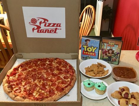 Disney Dinner And Movie Night Toy Story, Disney Movies With Food, Movies With Food Themes, Up Movie Night Food, Dinner And A Movie Menu Disney Family, Movie Envelope Ideas, Toy Story Themed Movie Night, Toy Story Menu Ideas, Disney Movie Inspired Meals