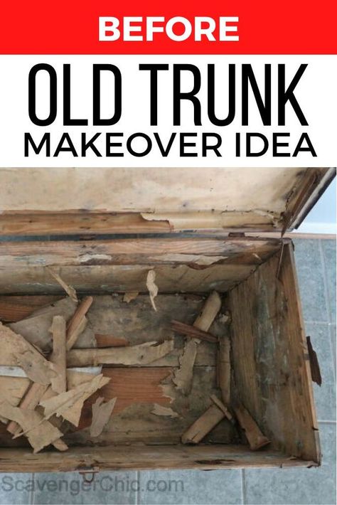 Old Trunk Makeover Ideas, Vintage Trunks Makeover, Steamer Trunk Makeover, Diy Trunk, Trunk Redo, Antique Trunk Restoration, Trunk Makeover, Vintage Steamer Trunk, Chest Makeover