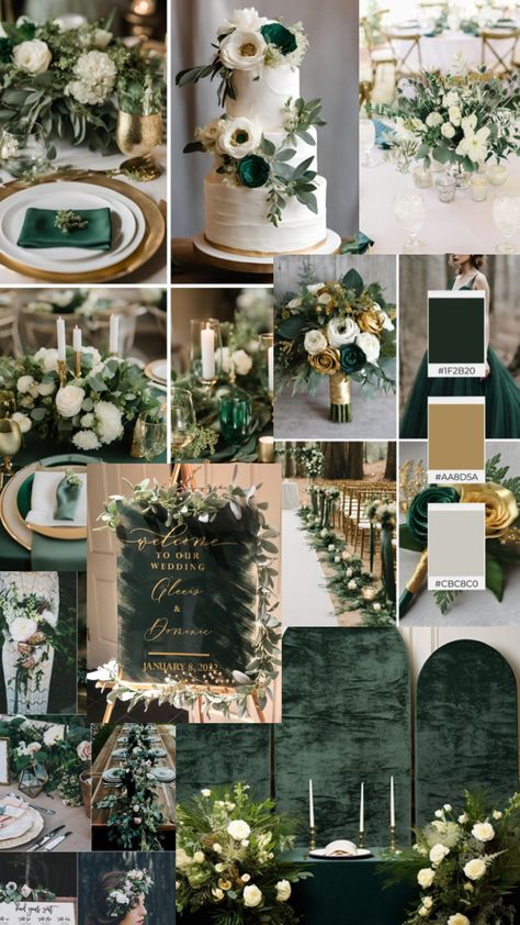 Dark Green Boho Wedding Theme, Green And Gold Color Palette Wedding, Gaspy Wedding Ideas, Emerald Green And Taupe Wedding, Gold And Green Wedding Flowers, Wedding Theme Dark Green, Emerald Green And Brown Wedding Theme, Emerald Velvet Wedding, Dark Green Gold White Wedding