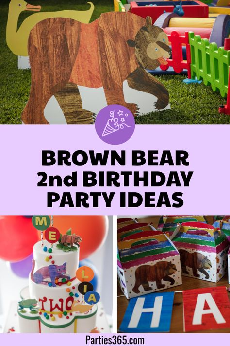 This darling 2nd birthday party featured a Brown Bear Brown Bear by Eric Carle theme! With vibrant colorful decorations, giant animals and amazing cake and cupcakes, it's full of fabulous ideas to bring this book to life! Bear 2nd Birthday Party, Brown Bear Brown Bear Party, Brown Bear Brown Bear Birthday Party, Brown Bear Birthday Party, Eric Carle Party, Brown Bear Birthday, Toddler Birthday Themes, Brown Bear Book, Brown Bear Brown Bear Birthday