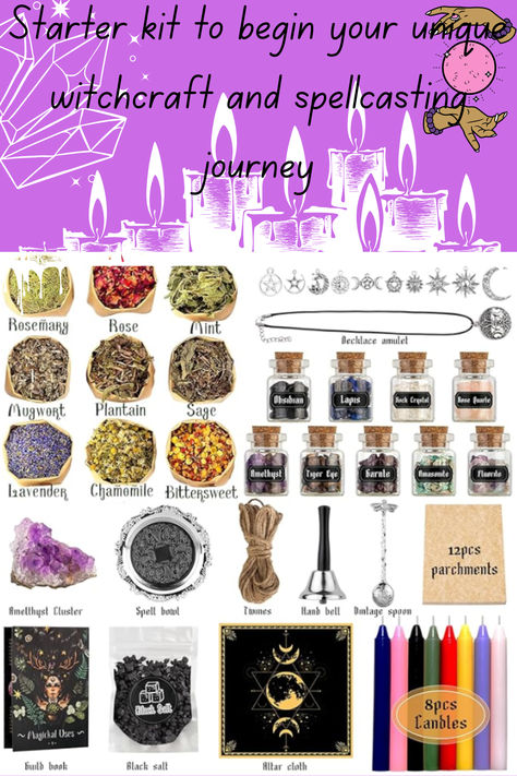 Unlock the magic within with our comprehensive Witchcraft Starter Kit. This kit includes everything you need to start your journey into witchcraft and spellwork. Inside, you'll find a variety of herbs such as rosemary, sage, and chamomile, essential crystals like amethyst and tiger eye, and essential tools including a hand bell, vintage spoon, and altar cloth. Good for beginner and advanced witches. 🌙✨ #Witchcraft #Spirituality #Mystic #HerbalMagic #Crystals #Spellwork Witchcraft Starter Kit, Witch Must Haves, Rosemary Witchcraft, Dollar Store Witchcraft, Witchy Hacks, Witchcraft Spirituality, Witch Starter Kit, Beginner Witchcraft, Witch Supplies