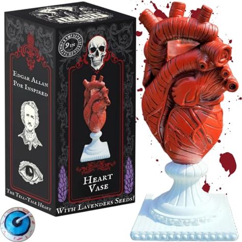 Gothic Anatomical Human Heart Vase - Edgar Allan Poe Gift and Decor Inspired by The Tell-Tale Heart - Ideal Quirky Goth Decor with Lavenders Seeds - 9 Inches Weird and Heart Shaped Flower Vase Edgar Allan Poe Decor, Spooky Flowers, Halloween Vase, Quirky Vases, Macabre Decor, Heart Shaped Vase, The Tell Tale Heart, Unique Flower Vases, Lavender Seeds