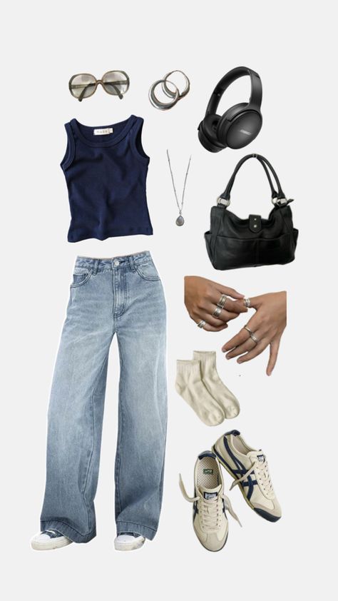 Jeans, navy tank top, black leather purse, navy onitsuka tiger mexico 66, summer outfit Onitsuka Tiger Women Outfit, Onitsuka Tiger Outfit, Tiger Outfit, Onitsuka Tiger Women, Quick Outfits, Big Clothes, Onitsuka Tiger, Cute Everyday Outfits, Casual Style Outfits