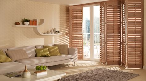 Richmond Taupe Tracked Shutters Shutters Interior Window, Brown Shutters, American Shutters, Modern Shutters, Shutters Living Room, Interior Shutters, House Blinds, American Interior, Wooden Shutters