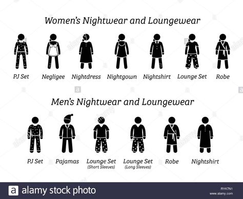 Men and women nightwear and loungewear fashion designs. Stick figures depict different type of sleepwear, pajamas, and clothing that wear at home or h Stock Vector Nightgown Outfit, Night Wear Pajamas, Sleep Outfit, Pijamas Women, Night Pajama, Loungewear Fashion, Mens Nightwear, Sleep Clothes, Writing Prompts For Writers