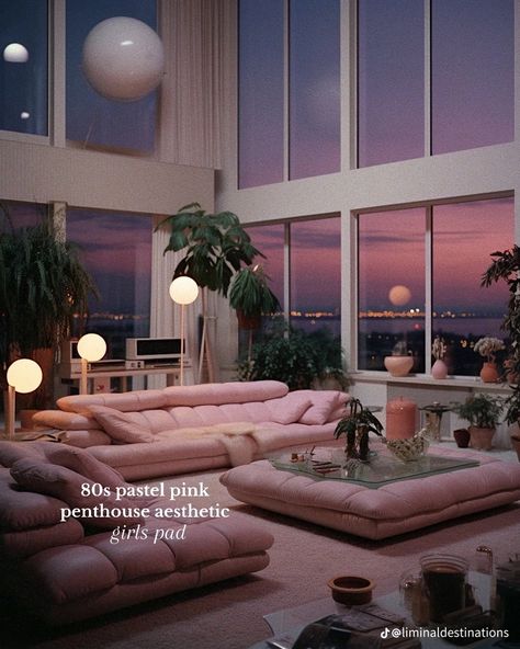 80s Living Room Aesthetic, Pink Penthouse, 80s Apartment, 80s Living Room, 1980s Interior, Pink Apartment, 80s Interior Design, 80s House, Miami Interior Design