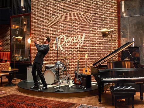 Band at Roxy Lobby Restaurant Live Band Stage Design, Live Band Stage Design, Live Music Stage Design Restaurant, Roxy Hotel Nyc, Restaurant Music Stage Design, Live Music Restaurant Design, Jazz Lounge Interior, Small Music Venue Design, Music Venue Design