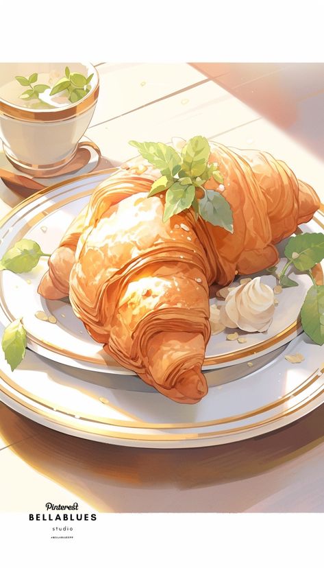 Aesthetic Food Illustration, Crossaint Drawing, Cafe Food Drawing, Anime Food Art Drawing, Anime Food Painting, Sharing Food Illustration, Anime Food Art Aesthetic, Japanese Food Illustration, Chibi Food