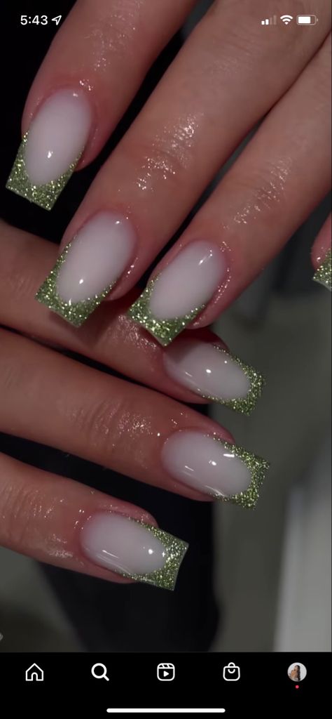 Milky White Nails With Green Design, Designs On Milky White Nails, Milky White Sparkly Nails Acrylic, White Nails Green Tips, Nail Design Green And White, White Milky Nails With Glitter, Milky Nails French Tip, White Nails With Green Tips, Sparkle Nails Green