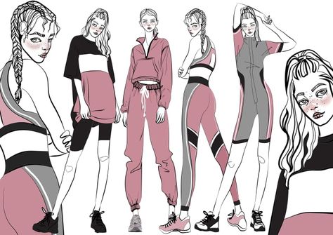 Fashion Illustration Sportswear, Front And Back Fashion Illustration, Sports Wear Illustration Sketch Women, Sports Wear Illustration, Sportswear Illustration, Sportswear Fashion Illustration, Coloured Sketches, Sports Wear Fashion Illustration, Sports Fashion Illustration