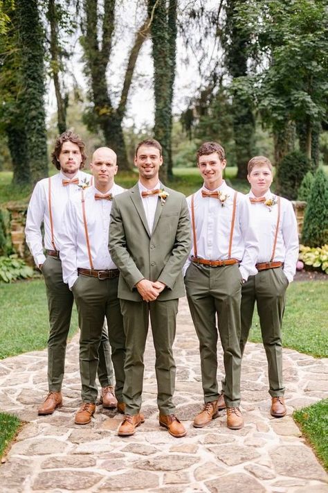 terracotta and sage green Groomsmen Attire @BlossomBlissFloristPA Rustic Fall Wedding Groomsmen, Bowtie Wedding Groomsmen, Sage And Tan Groomsmen, Sage Suits Wedding, Terracotta And Green Groomsmen, Groom And Groomsmen Fall Wedding, Rust And Sage Groomsmen, Green Pants Groomsmen, August Groomsmen Attire