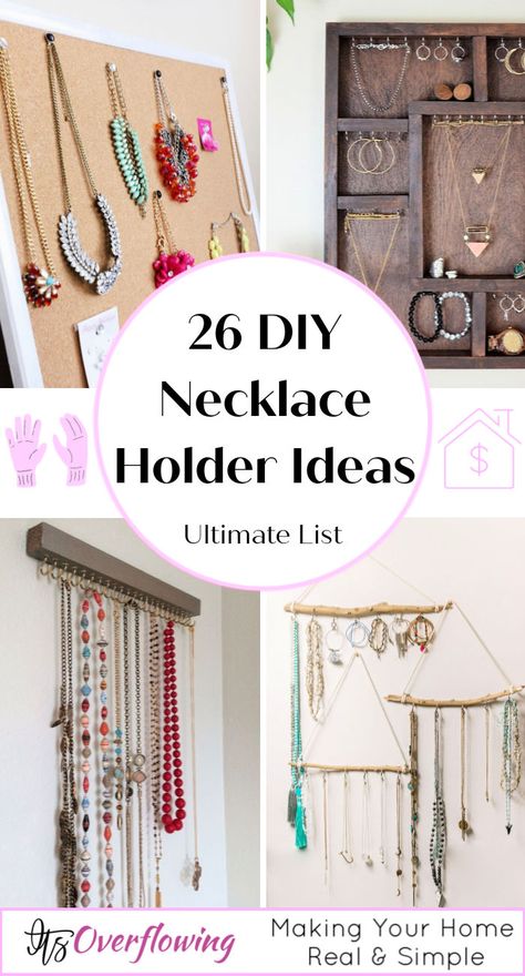 Necklace Diy Organizer, Necklace Display Ideas Bedroom, Necklace Hangers Ideas, Necklaces Organization Ideas, Necklace Holders Diy, Necklaces Display Ideas, Wall Necklace Display, Necklace Hanger Ideas, How To Make A Necklace Holder