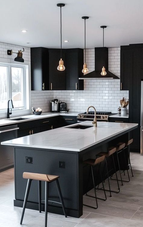 Dark Kitchen Cabinets With Open Shelving, Black Cabinets Kitchen, Black Kitchen Cabinet, Kitchen Design Countertops, Modern Black Kitchen, Black Kitchen Decor, Kitchen Cabinet Ideas, Cabin Kitchen, Black Kitchen Cabinets