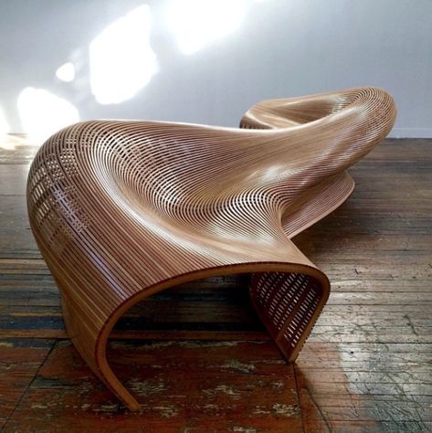 Woodworker Matthias Pliessnig first uncovered the steam-bending technique when tasked with designing a boat. Pictured is his Sinuo 5m bench.  Instagram Account of the Day: Curved Wood Furniture Made in America by Allie Weiss Curved Furniture, Wood Furniture Design, Curved Wood, Parametric Design, Urban Furniture, Creative Furniture, Wooden Bench, Wood Bench, Furniture Inspiration