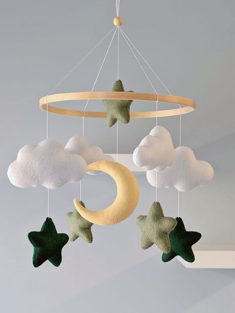 Gender-Neutral Nursery Decor, Green Stars and Moon, Felt Cloud Mobile, Baby Shower Gift Gender Neutral Themed Nursery, Neutral And Green Nursery, Dark Green Baby Nursery, Dark Green Nursery Boy, Nursery Inspo Gender Neutral, Sun Moon Stars Nursery, Gender Neutral Nursery Green, Nursery Ideas Green, Green Nursery Neutral