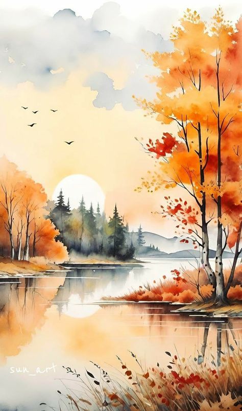 Photos Of Landscapes Photography, Simple Autumn Watercolor Paintings, Watercolor Autumn Painting, Landscape Art Watercolor, Fall Foliage Watercolor, Autumn Tree Watercolor, Autumn Watercolour Painting, Autumn Scenery Landscape, Fall Watercolor Ideas