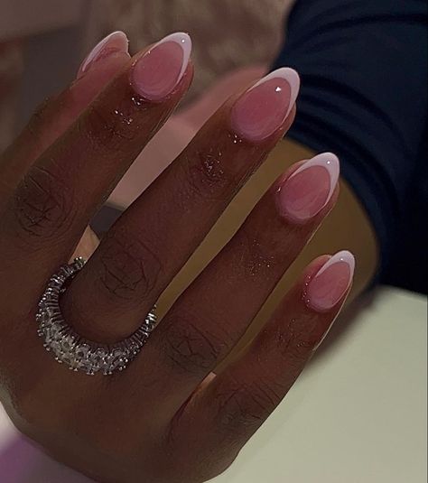 Short Modest Nails, Shirt Almond French Tip, Classic Nail Set, Rounded Almond Nails Short, Short Pink And White Nails French Tips, Natural Color Almond Nails, Acrylic Overlay Designs, Short Acrylic Nails Square Simple Spring, Pink Natural Nails Gel