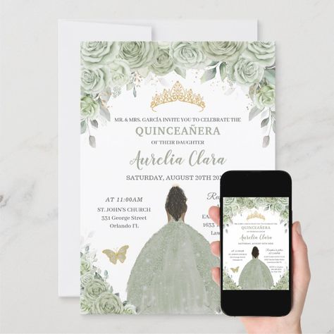 Quince Green Invitations, Sage Green Invitations Quince, Sage Green Quince Invitations, Quince Invitations Ideas, Sage Quinceanera Theme, Sage Green Quinceanera Theme, Sage Green Quince, Quinceanera Inspiration, Green Quinceanera Theme