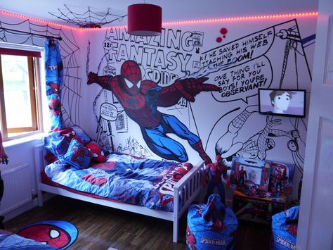 Man Bedroom Ideas, Spiderman Room Decor, Spiderman Bedroom, Marvel Bedroom, Man Bedroom, Spiderman Room, Marvel Room, All Spiderman, Superhero Bedroom