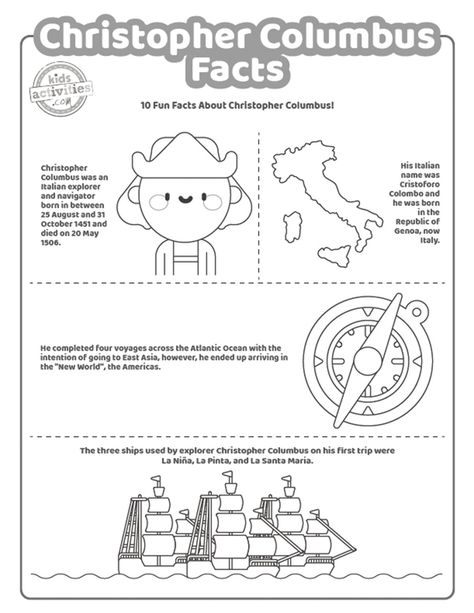 Ever wanted to learn more about Christopher Columbus? It's your lucky day! Here are printable Christopher Columbus facts coloring pages! Columbus Day Preschool, Columbus Day Crafts For Kids, Columbus Day Activities For Kids, Christopher Columbus For Kids, Christopher Columbus Craft, Christopher Columbus Worksheets, Christopher Columbus Facts, Christopher Columbus Activities, Happy Columbus Day