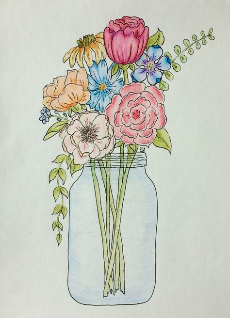 Flower illustration I drew using pen and colored pencil Small Colour Pencil Drawings, Flower Bouquet Drawing Color Pencil, A Vase Of Flowers Drawing, Colored Pencil Floral Art, Flowers Drawing In A Vase, Pen Flowers Drawing, Aesthetic Flower Bouquet Drawing, Drawing Of Flower Bouquet, Flowers In Vase Drawing Simple