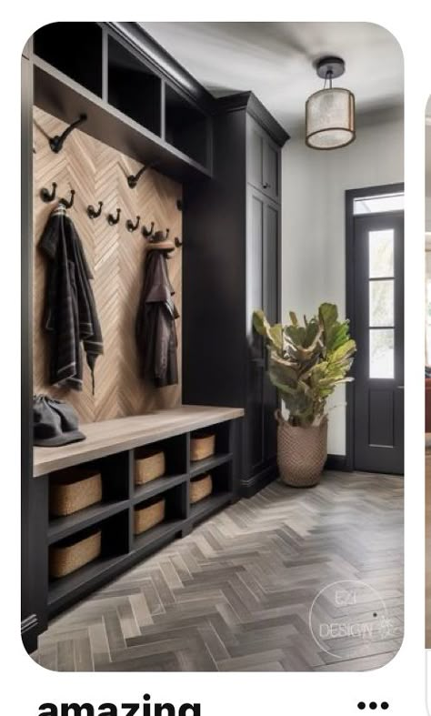 Entry Locker Ideas, Large Mud Room Ideas, Mud Room Locker Ideas, Black Mud Room, Dark Mudroom, Large Mud Room, Mudroom Ideas Entryway Garage, Entryway Built In Ideas, Mud Room Ideas Entryway Entrance